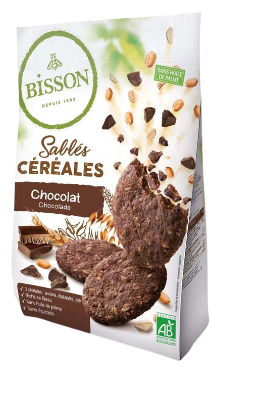 Bisson Zandkoekjes chocolade en granen bio, 200g, showing the crispy cookies with chocolate and grain ingredients.