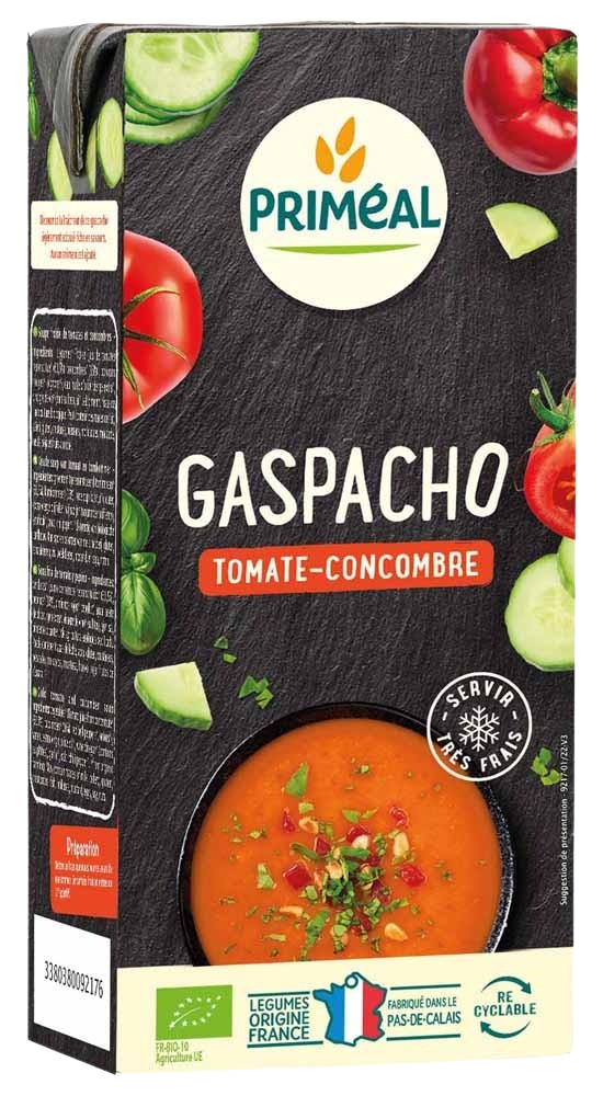 Primeal Gaspacho tomaat en komkommer bio, 330ml, ready-to-eat cold soup with fresh tomato and cucumber visible in a glass bowl.