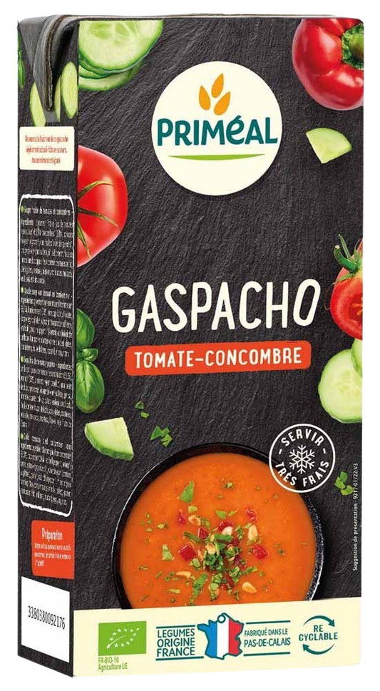 Primeal Gaspacho tomaat en komkommer bio, 330ml, ready-to-eat cold soup with fresh tomato and cucumber visible in a glass bowl.