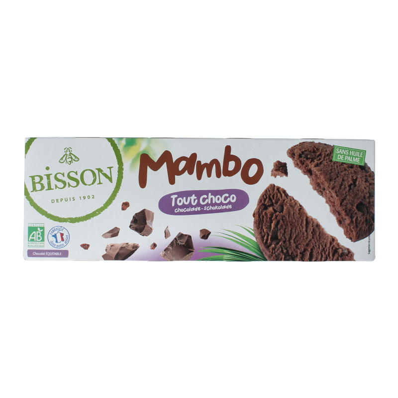 Bisson bio chocolade zandkoekjes with chocolate chunks, 150 grams, showing golden-brown cookies with visible chocolate pieces.