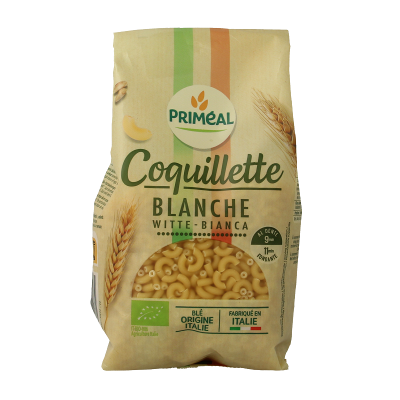 Primeal organic macaroni pasta in 500g package, made from pasta en rijst, displayed in a clear image.