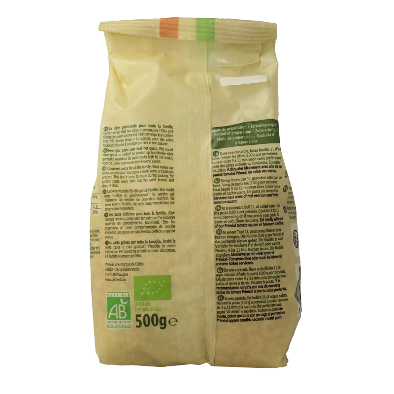 Primeal bio macaroni pasta in 500g package, showing a close-up of the uncooked pasta with a light background
