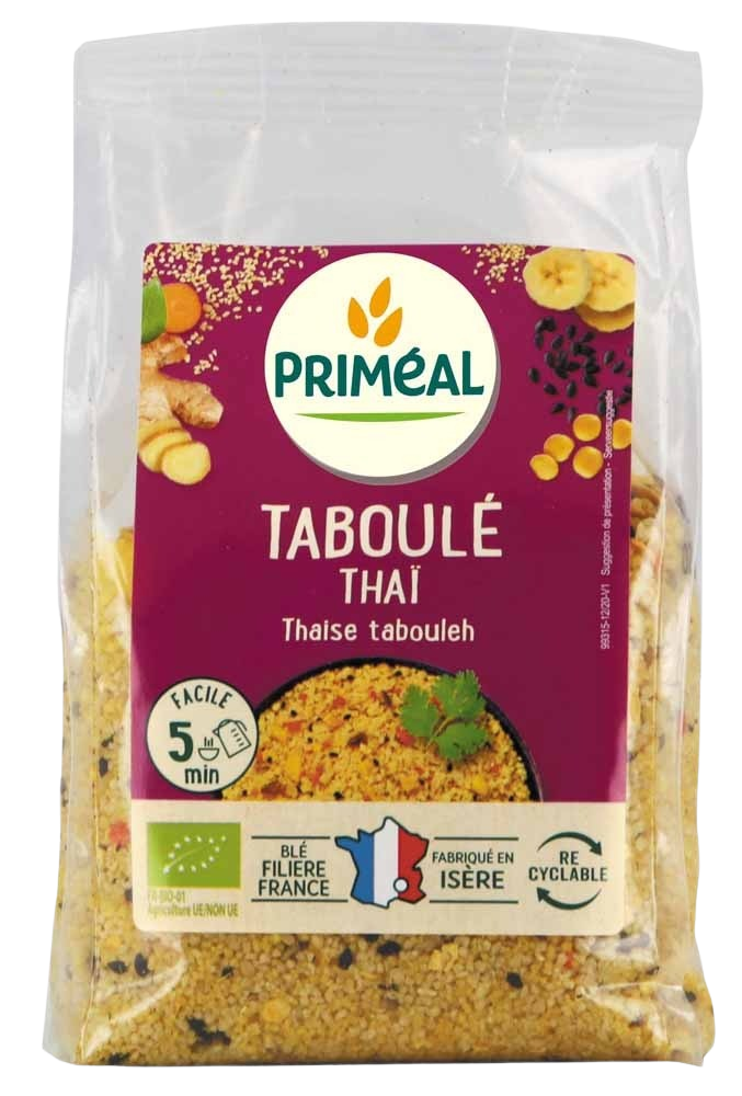 Primeal Thai tabouleh bio with fresh ingredients in 300g package, featuring vibrant vegetables and herbs in a natural setting.