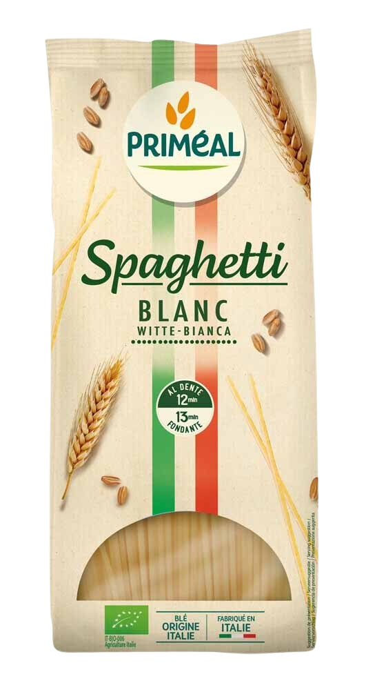 Primeal organic spaghetti pasta in a 1kg package, made from high-quality rice and wheat, ideal for family meals.