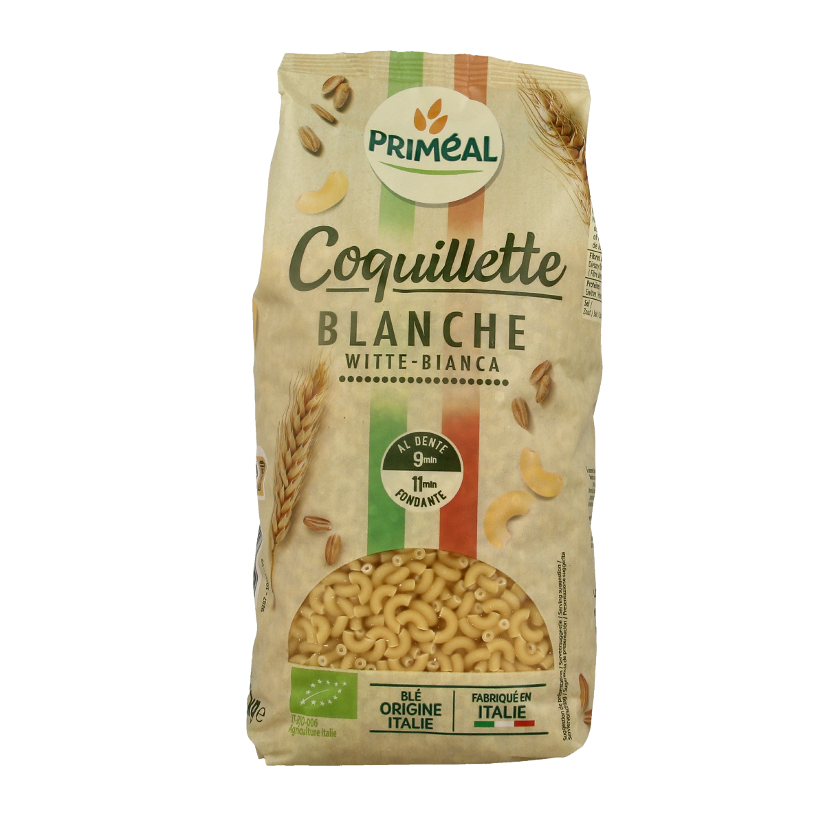 Primeal bio elbow macaroni pasta in 1kg package, made from organic wheat, suitable for family meals, part of Primeal's pasta and rice range.