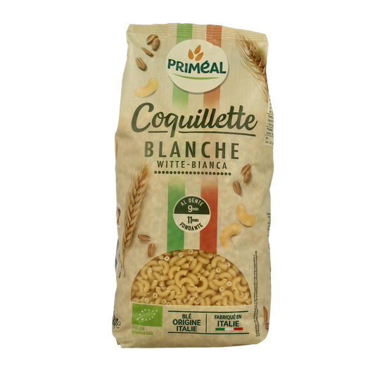 Primeal bio elbow macaroni pasta in 1kg package, made from organic wheat, suitable for family meals, part of Primeal's pasta and rice range.