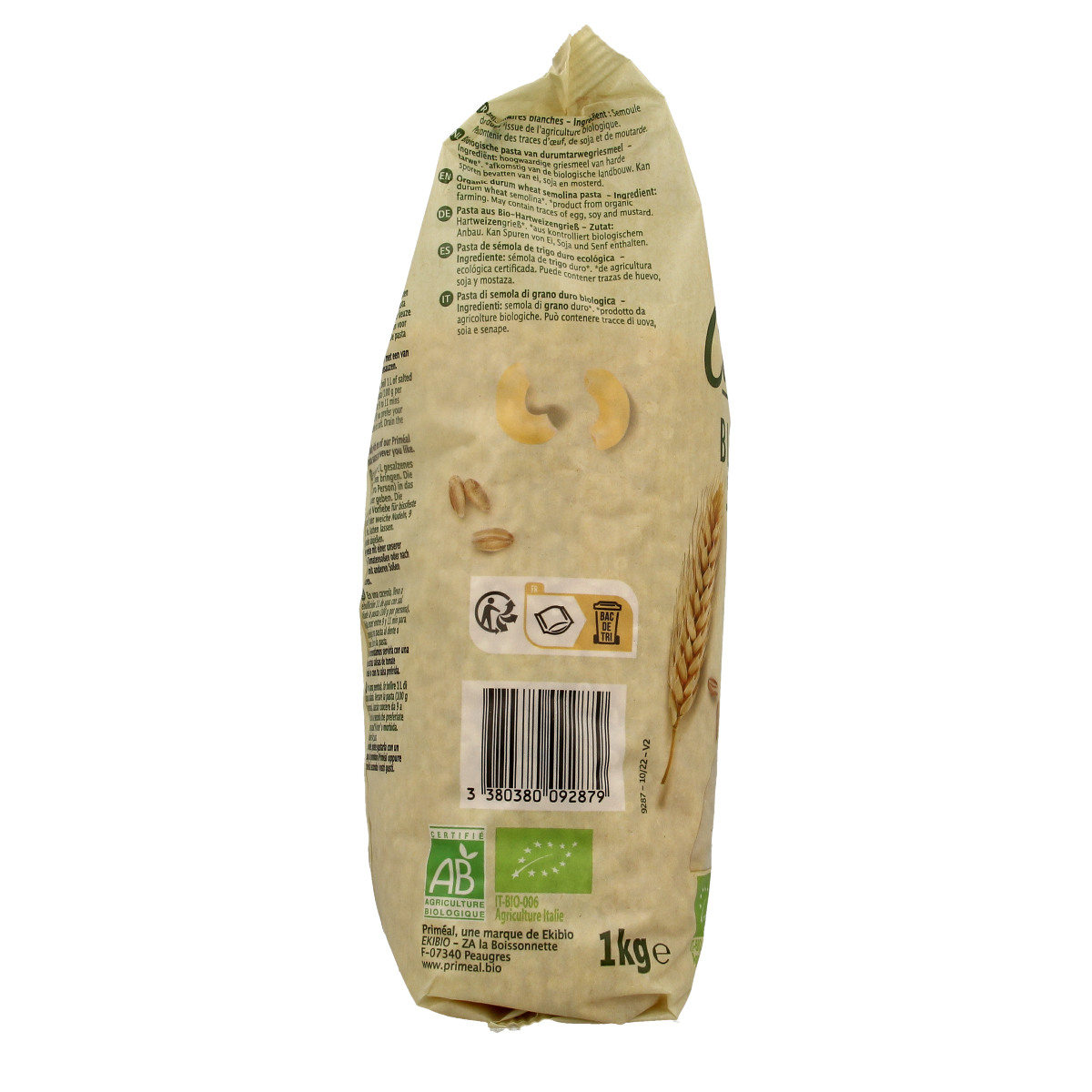 Primeal organic elbow macaroni pasta in a 1kg package, ideal for family meals, part of Primeal's pasta and rice range.