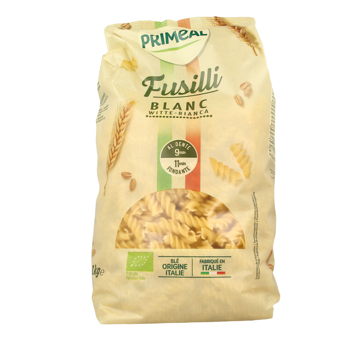 Primeal fusilli spiralen familie bio pasta in 1kg package, showing the coiled whole wheat pasta on the packaging.
