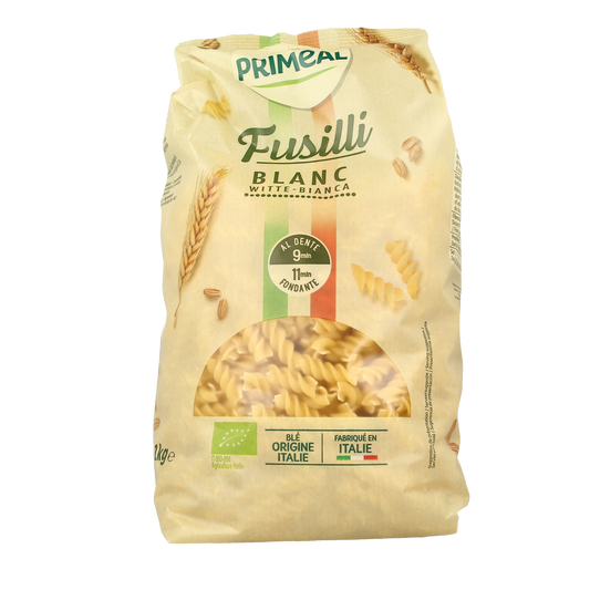 Primeal fusilli spiralen familie bio pasta in 1kg package, showing the coiled whole wheat pasta on the packaging.
