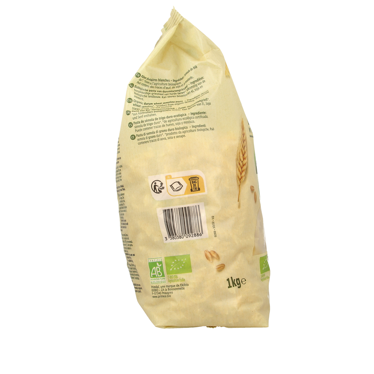 Primeal Fusilli spiralen familie bio pasta in 1kg package, showing uncooked organic pasta with spiral shape on a white background.