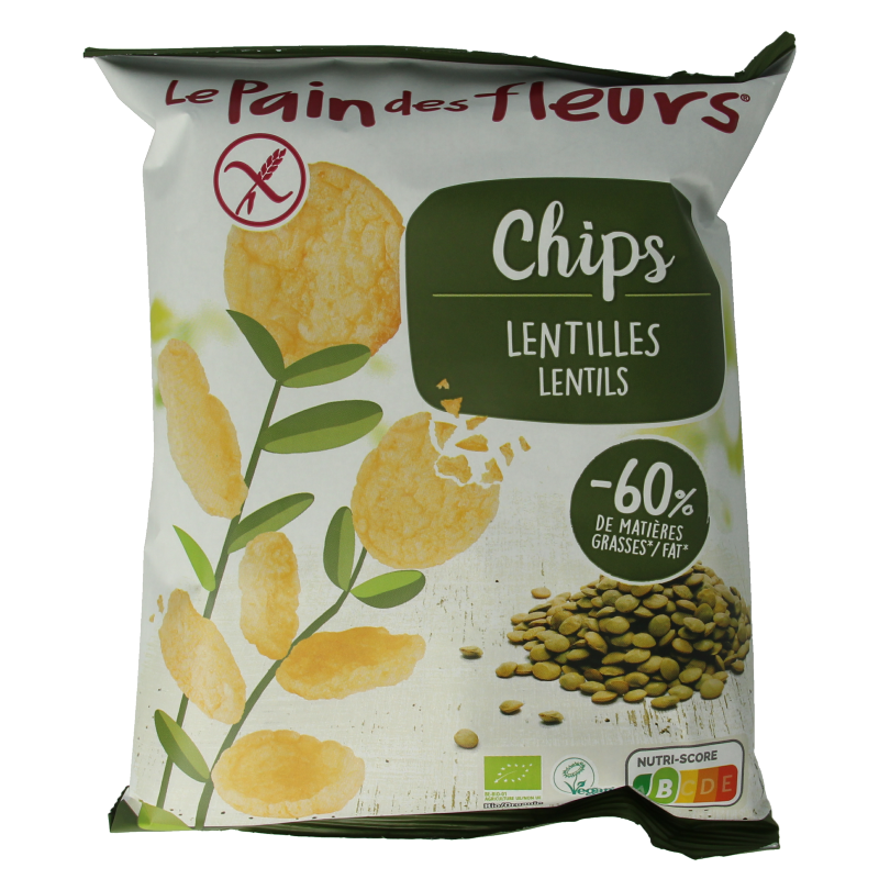 Pain Des Fleurs organic lentil chips with salt, 50 grams, showing a close-up of crispy, golden chips in a natural setting.
