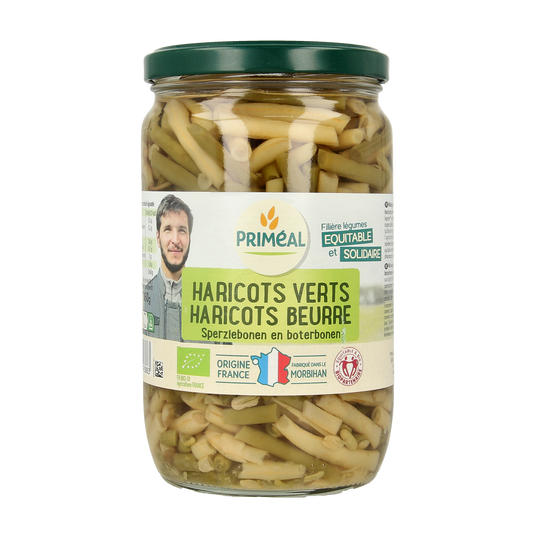 Primeal organic French green beans and butter beans in 660g package, fresh vegetables for healthy cooking.