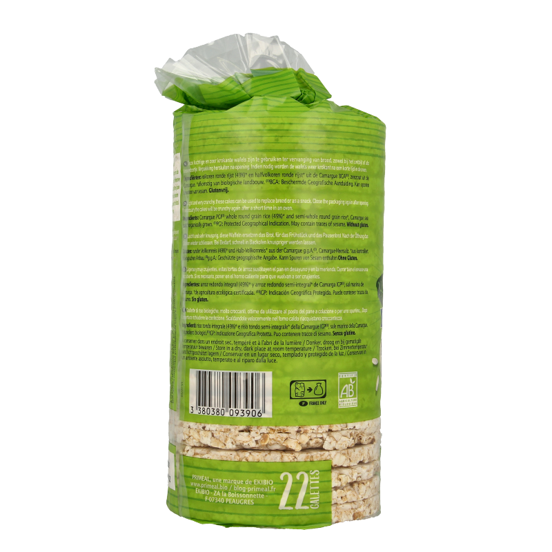 Thin Primeal Camargue bio rice cakes in a 130g package, ideal for snacks or light bites.