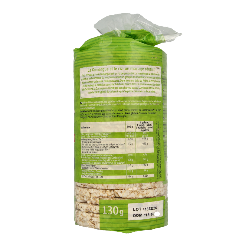 Primeal Camargue bio rice cakes, extra thin, 130g, natural crackers with rice from organic farming, shown stacked in a bowl.