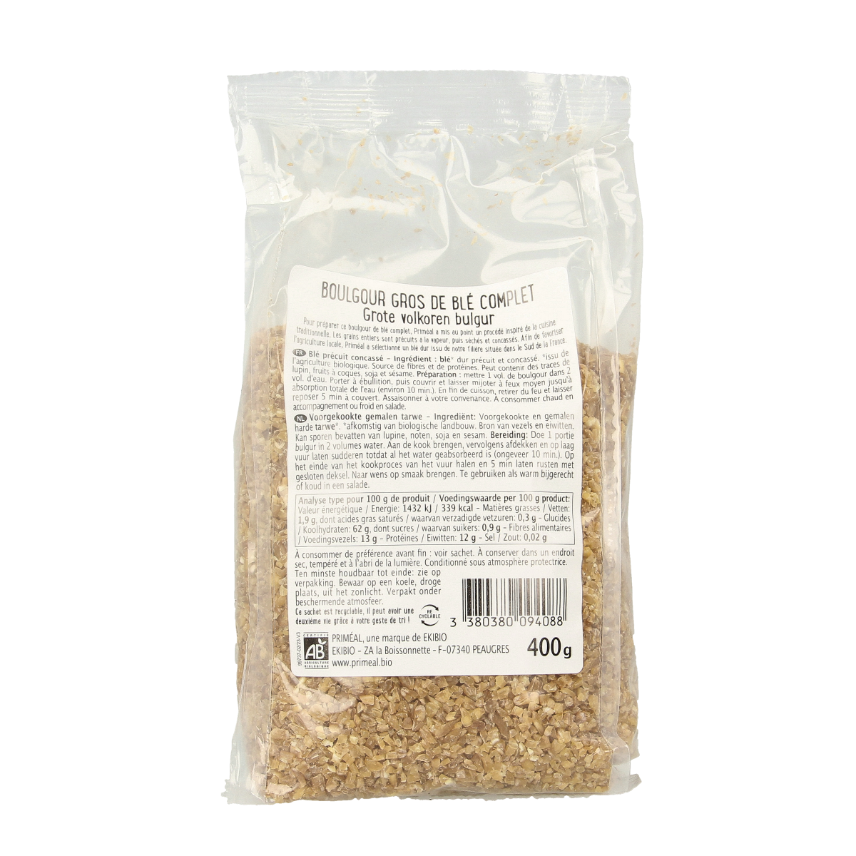 Primeal organic wheat bulgur from France in a 400g package, ideal for pasta and rice dishes.