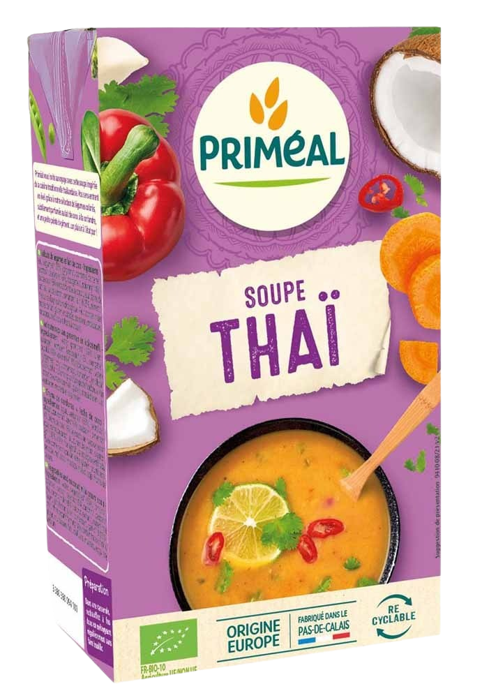 Primeal Thai organic soup in a 1-liter container, showcasing a bowl of Thai soup with herbs and vegetables.