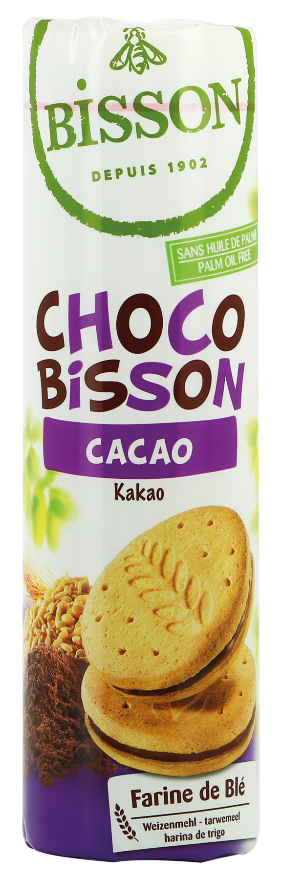 Bisson Choco cacao tarwekoekjes bio, 300g, fresh whole wheat cookies with chocolate and cacao visible on the packaging.