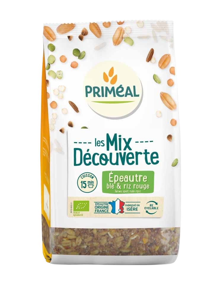 Primeal bio grain mix with spelt, wheat, and red rice in a 400g package, ideal for healthy pasta and rice dishes.