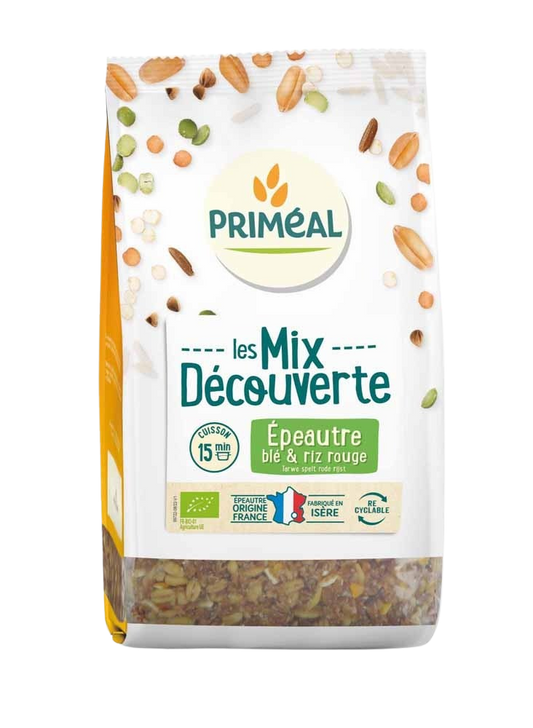 Primeal bio grain mix with spelt, wheat, and red rice in a 400g package, ideal for healthy pasta and rice dishes.