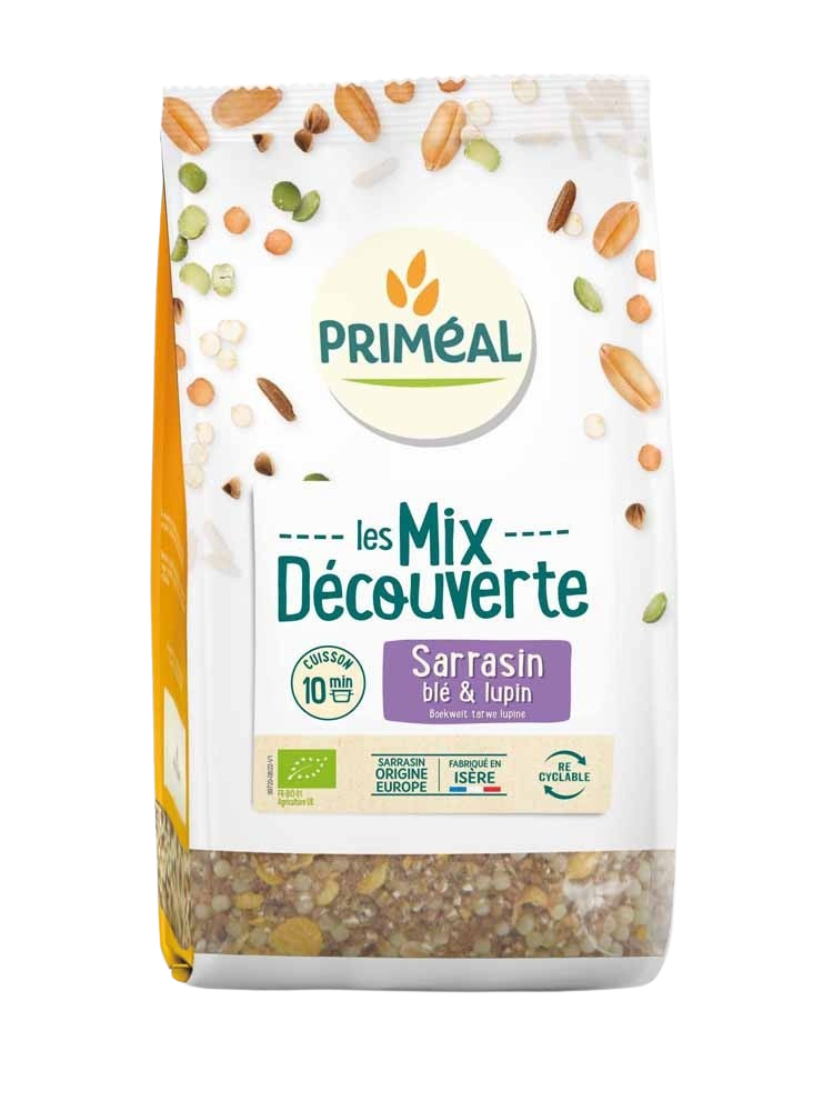 Primeal organic grain mix with buckwheat, wheat, and lupine in 400g package, suitable for pasta and rice dishes.