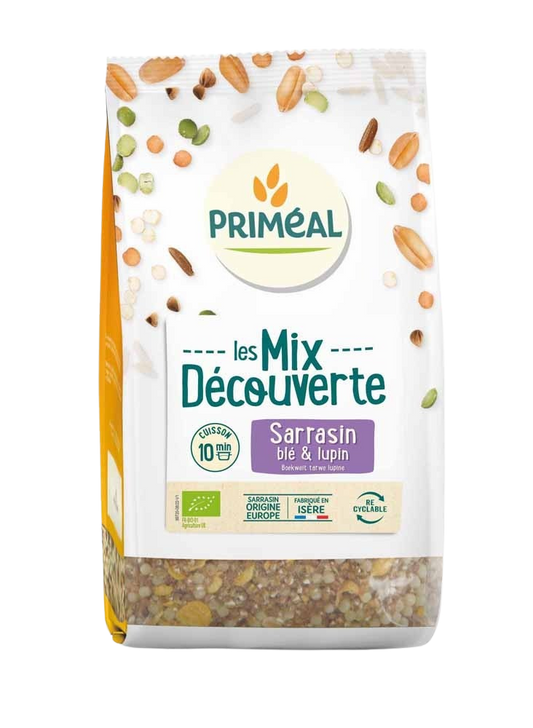 Primeal organic grain mix with buckwheat, wheat, and lupine in 400g package, suitable for pasta and rice dishes.