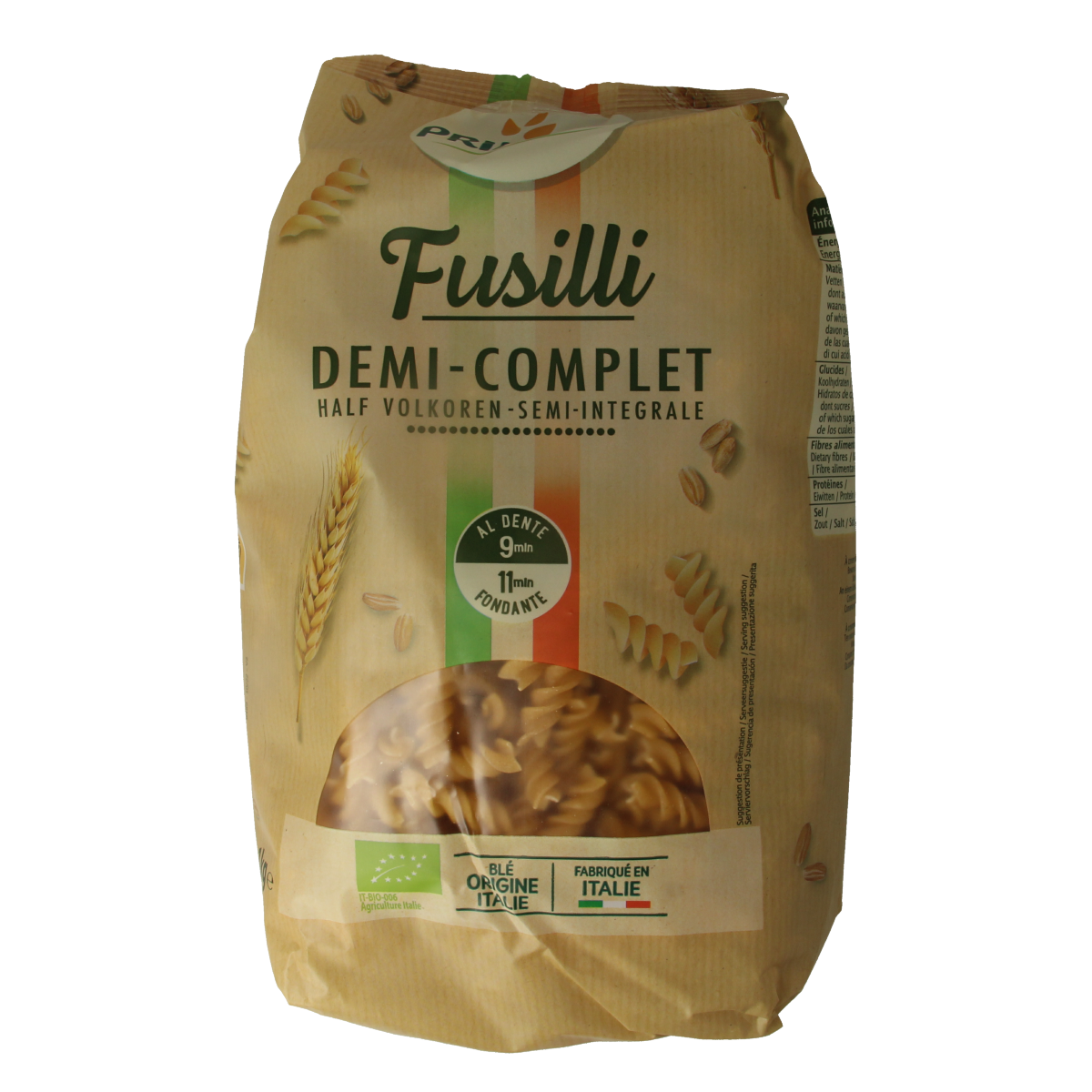 Primeal Fusilli Halfvolkoren bio ontbijtgranen in familie verpakking, 1 kg, showing the whole wheat pasta in a natural setting.