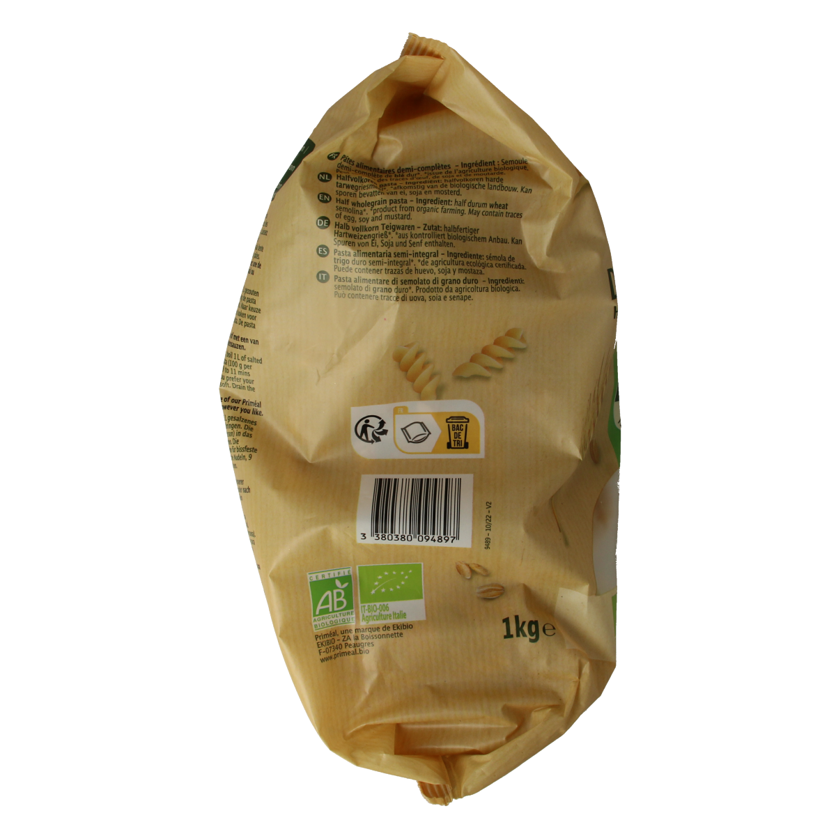 Primeal Fusilli halfvolkoren bio ontbijtgranen in familie verpakking, 1 kg, showing whole wheat pasta in a clear package.