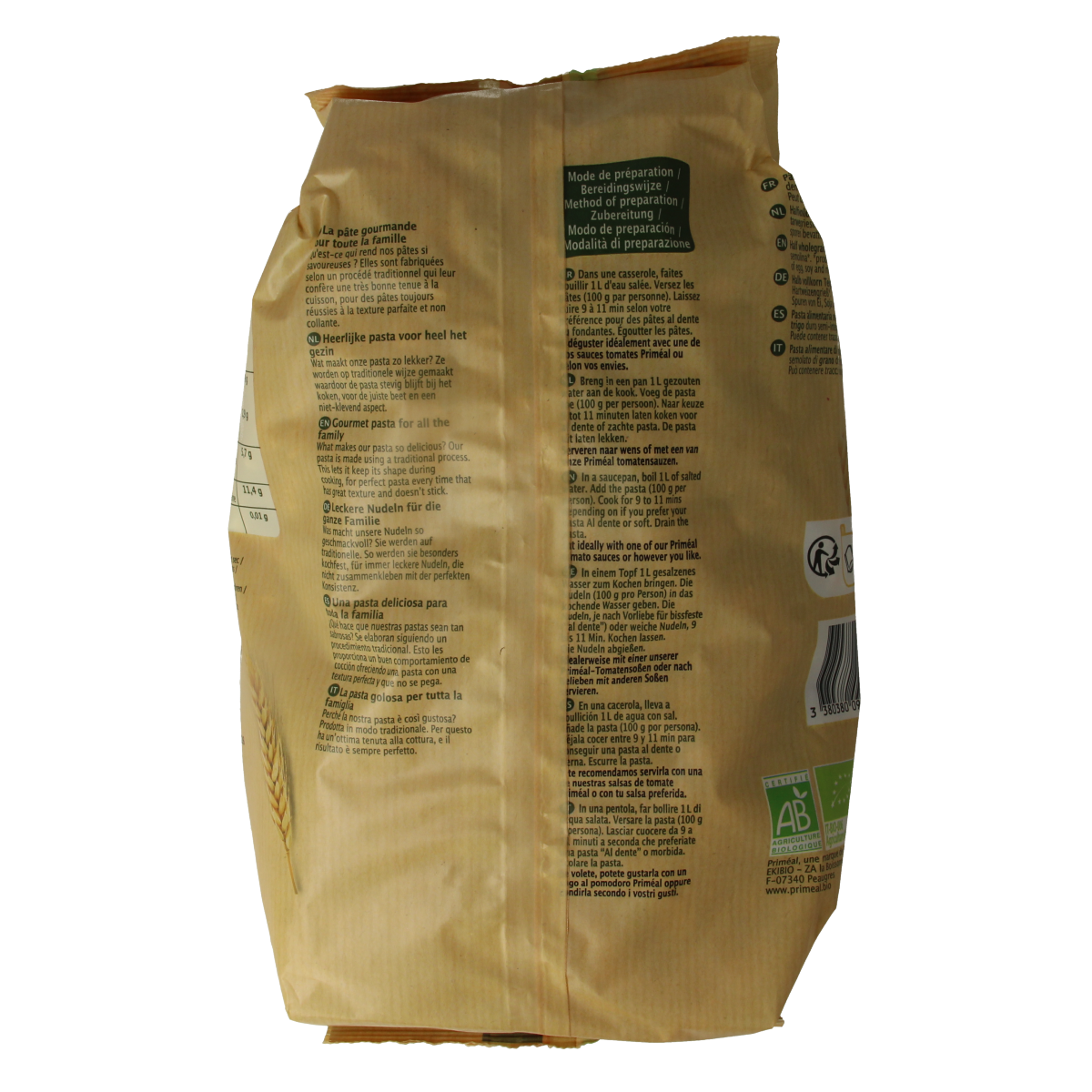 Primeal Fusilli Vollkoren bio ontbijtgranen in familie verpakking, 1 kg, organic whole wheat pasta on a white background.