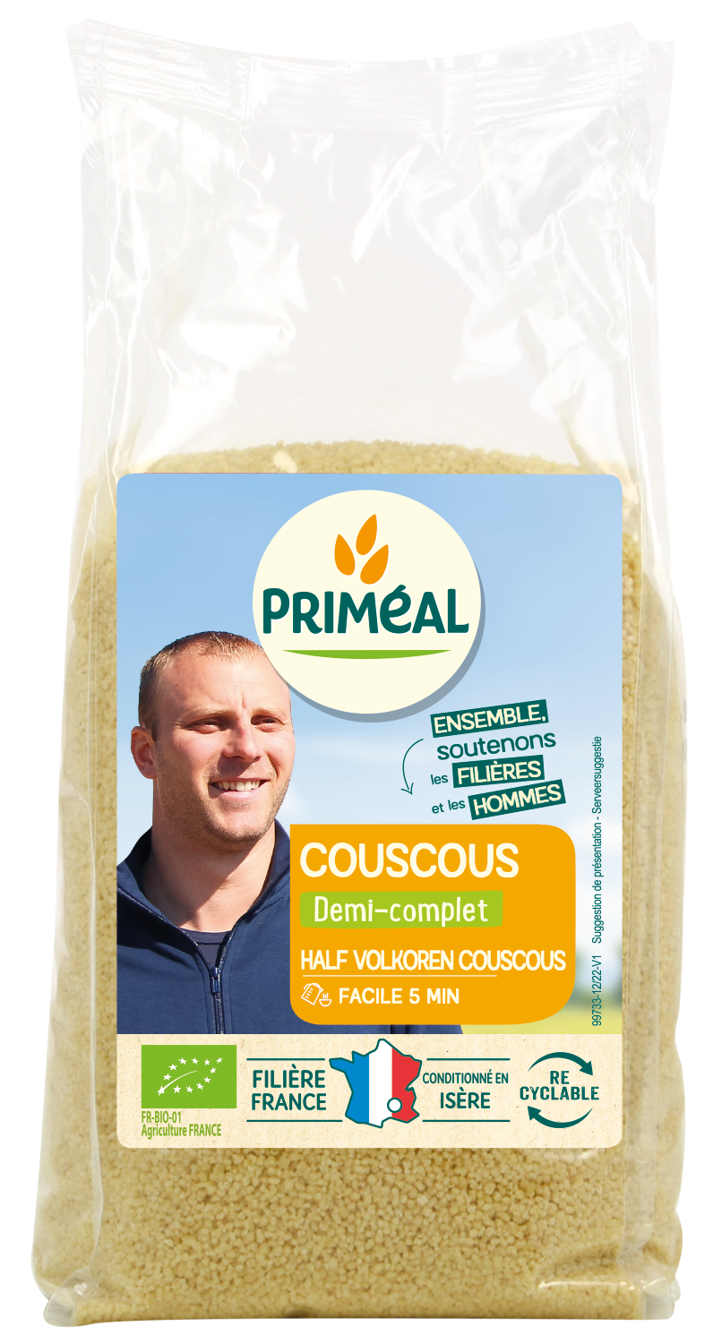 Primeal organic whole grain couscous, 1 kilogram, a type of pasta and rice, shown in a natural food setting.