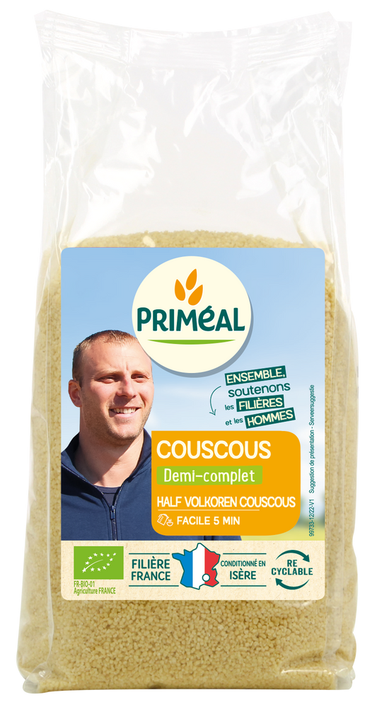 Primeal organic whole grain couscous, 1 kilogram, a type of pasta and rice, shown in a natural food setting.
