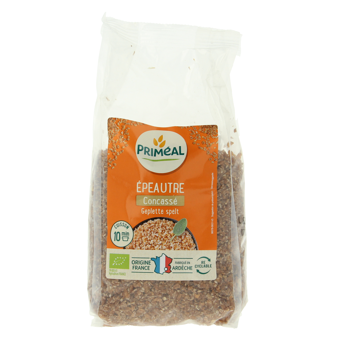 Primeal organic spelt bulgur pasta and rice in a 400g package, showing the product's label and packaging details.