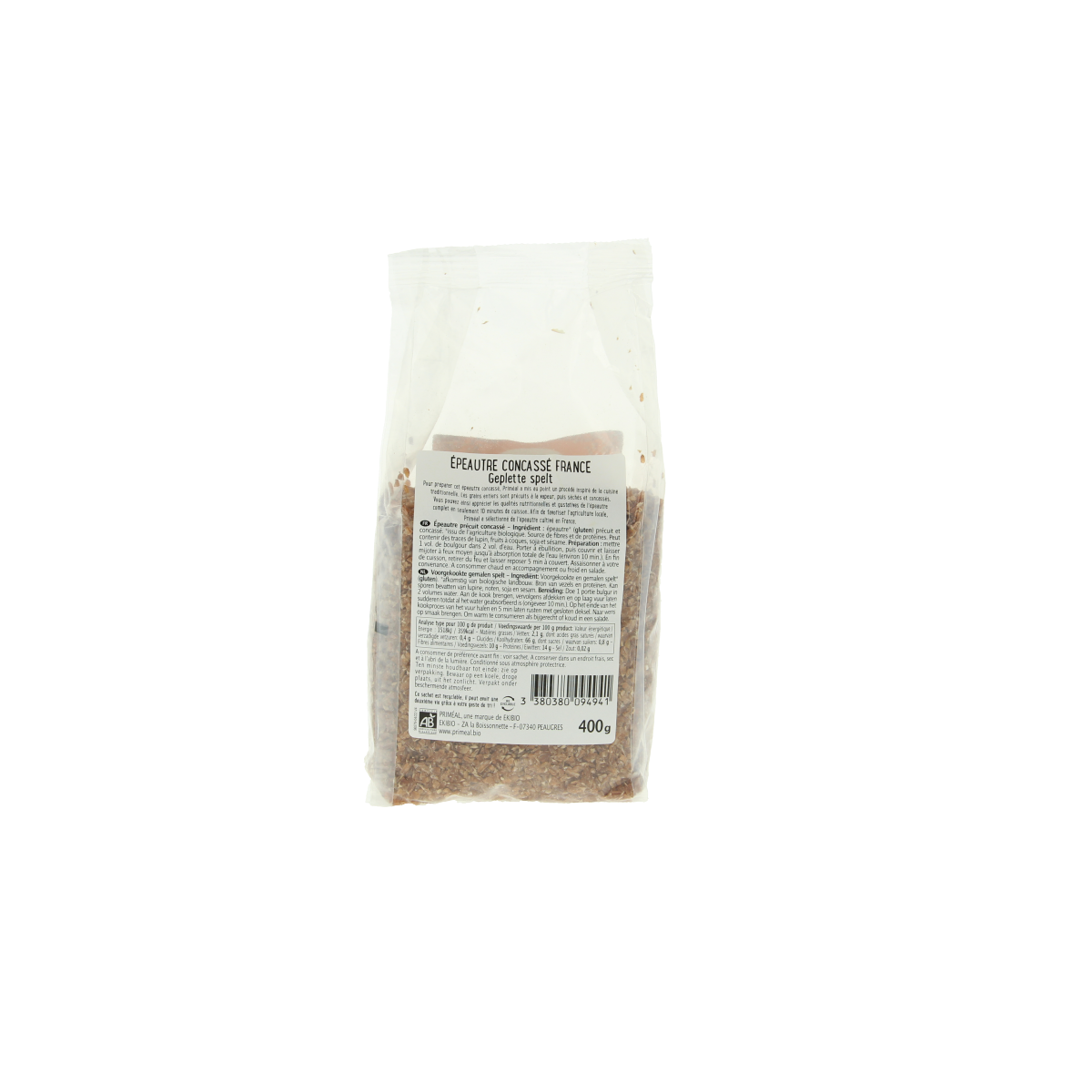 Primeal organic spelt bulgur pasta and rice in a 400g package, shown in a close-up image.