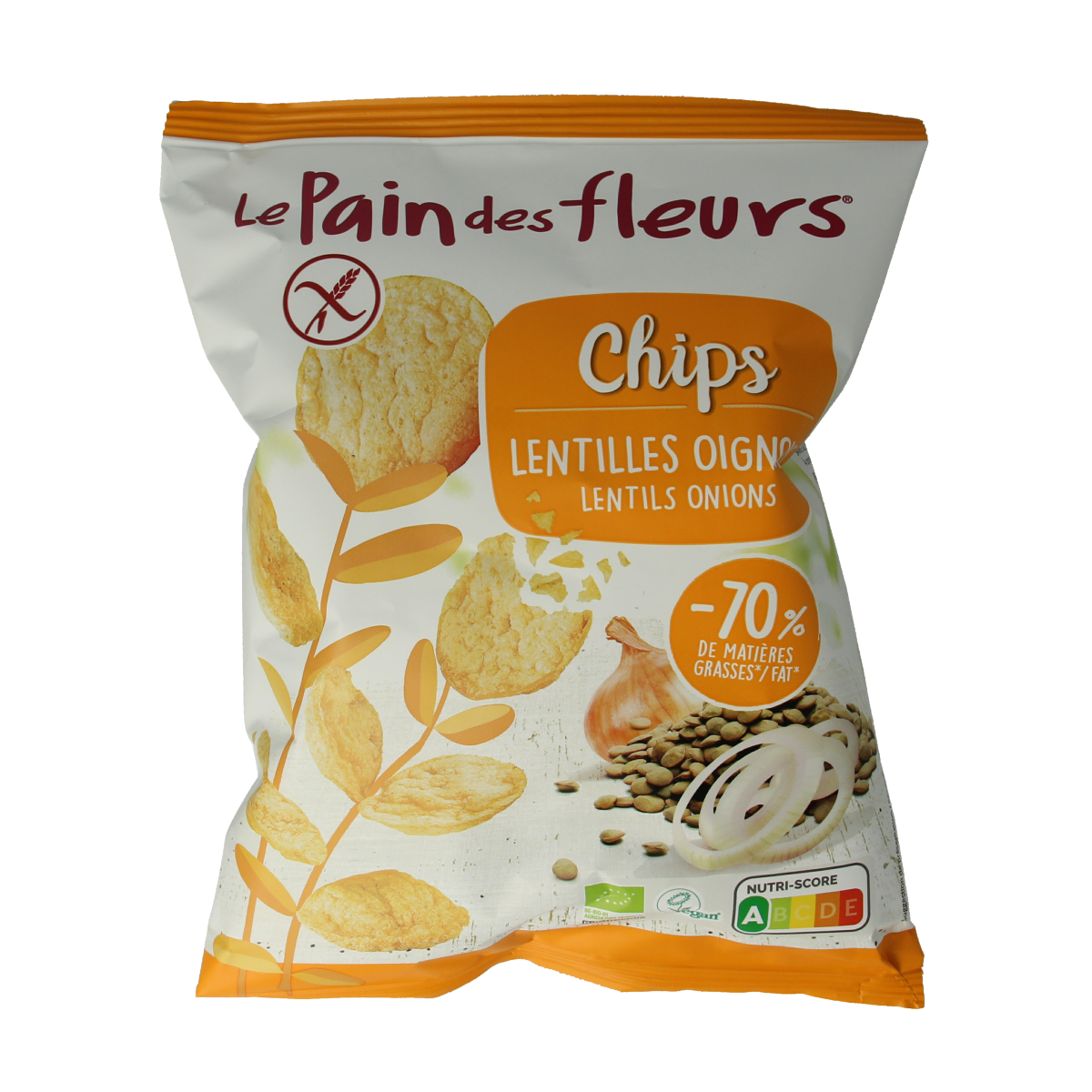 Pain Des Fleurs organic lentil and onion chips in a 50g bag, featuring crispy chips with natural ingredients and a savory flavor.
