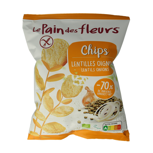 Pain Des Fleurs organic lentil and onion chips in a 50g bag, featuring crispy chips with natural ingredients and a savory flavor.