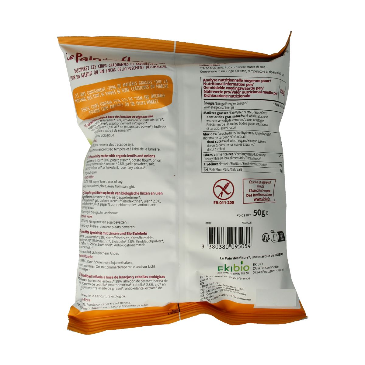 Pain Des Fleurs bio chips with lentils and onion, 50g, crispy snack in a colorful package.