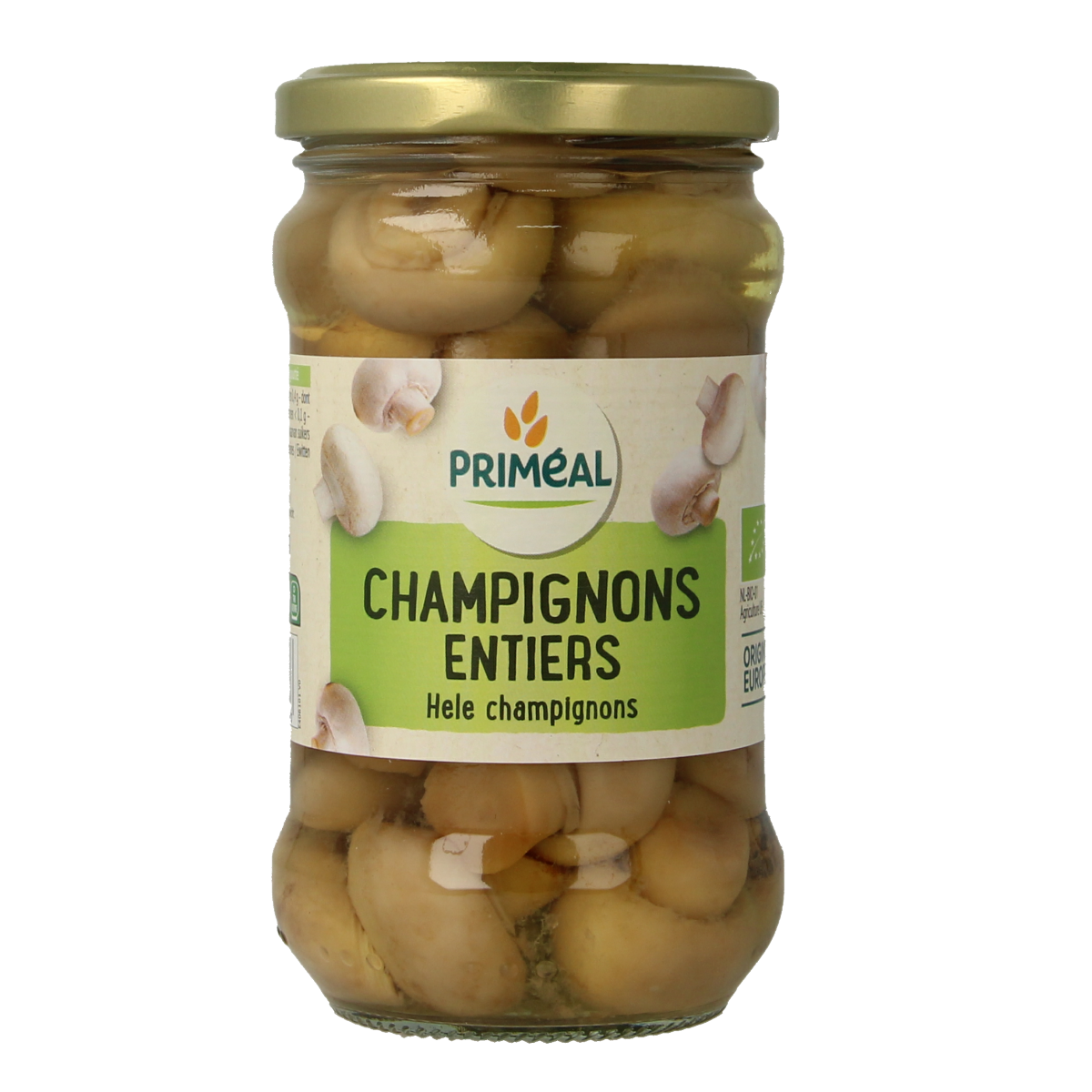 Primeal organic champignon mushrooms in a 280g package, fresh and whole, ideal for cooking and healthy meals.