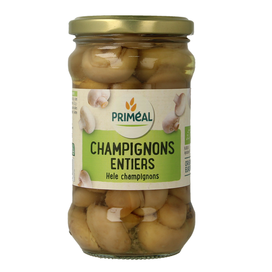 Primeal organic champignon mushrooms in a 280g package, fresh and whole, ideal for cooking and healthy meals.