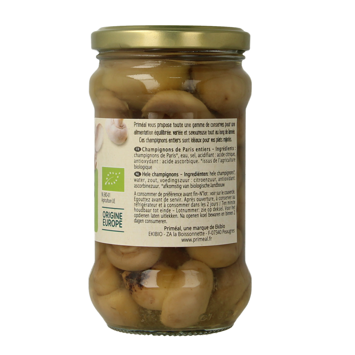 Organic Primeal champignon mushrooms in a 280g package, fresh and sliced for cooking or salads.