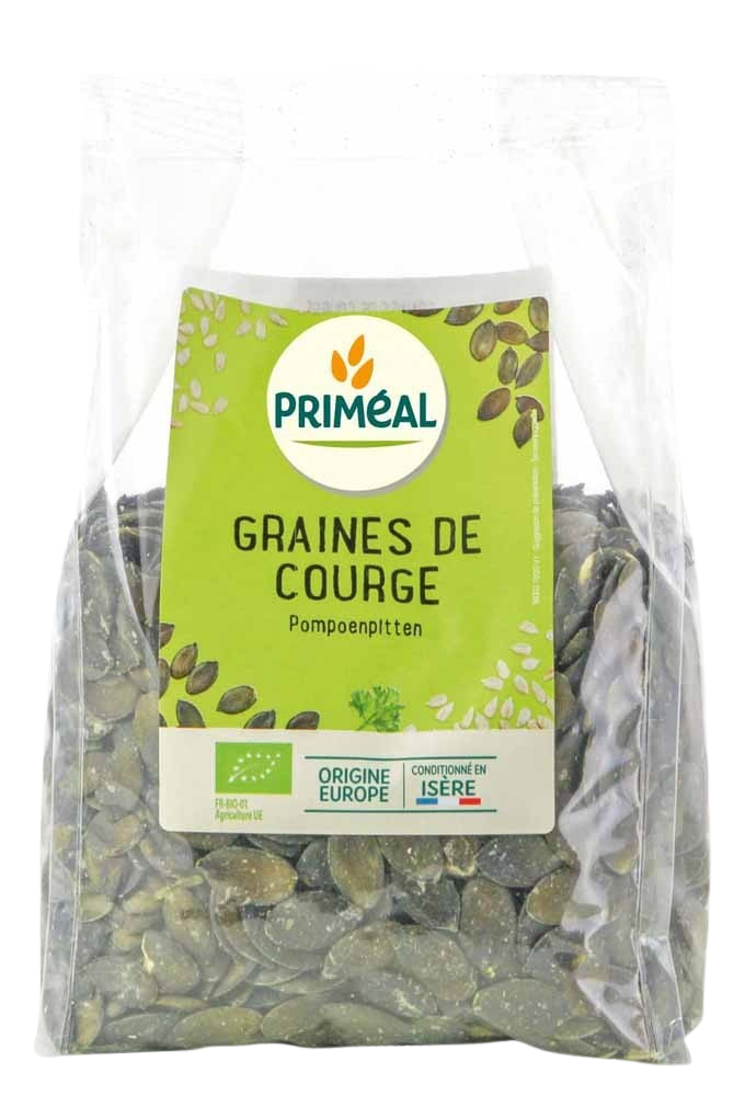 Organic European pumpkin seeds by Primeal, raw superfood in a 500g package, shown in a close-up image.