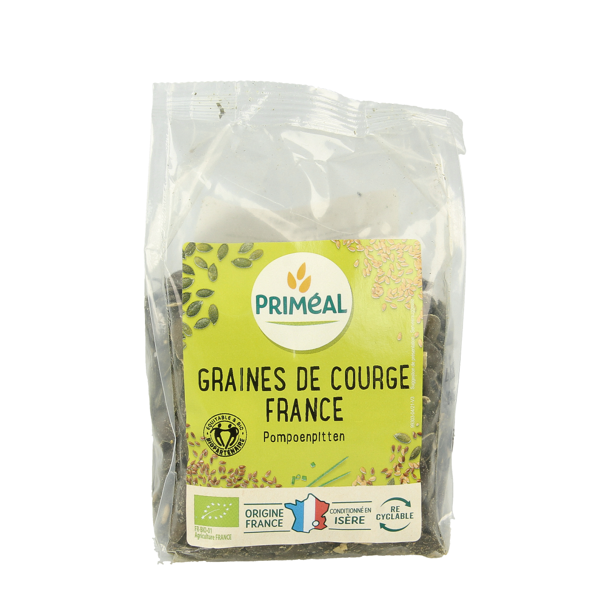 Raw French organic pumpkin seeds by Primeal, 250g, shown in a clear bag, perfect for superfoods and healthy snacking.