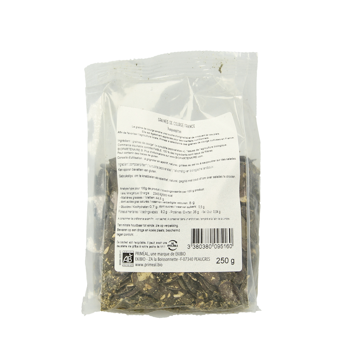 Primeal organic pumpkin seeds from France, raw superfood, 250 grams, shown in a close-up image highlighting seed texture.