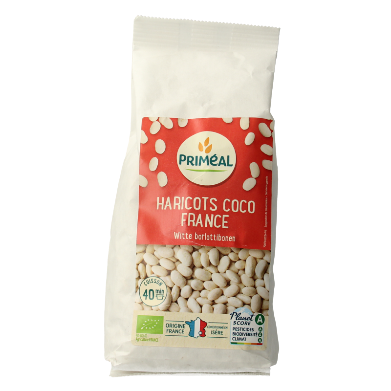 Primeal organic raw coconut beans from France, 500 grams, superfood healthy snack in a clear package with coconut beans visible