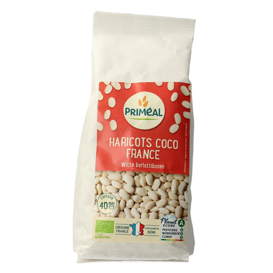 Primeal organic raw coconut beans from France, 500 grams, superfood healthy snack in a clear package with coconut beans visible