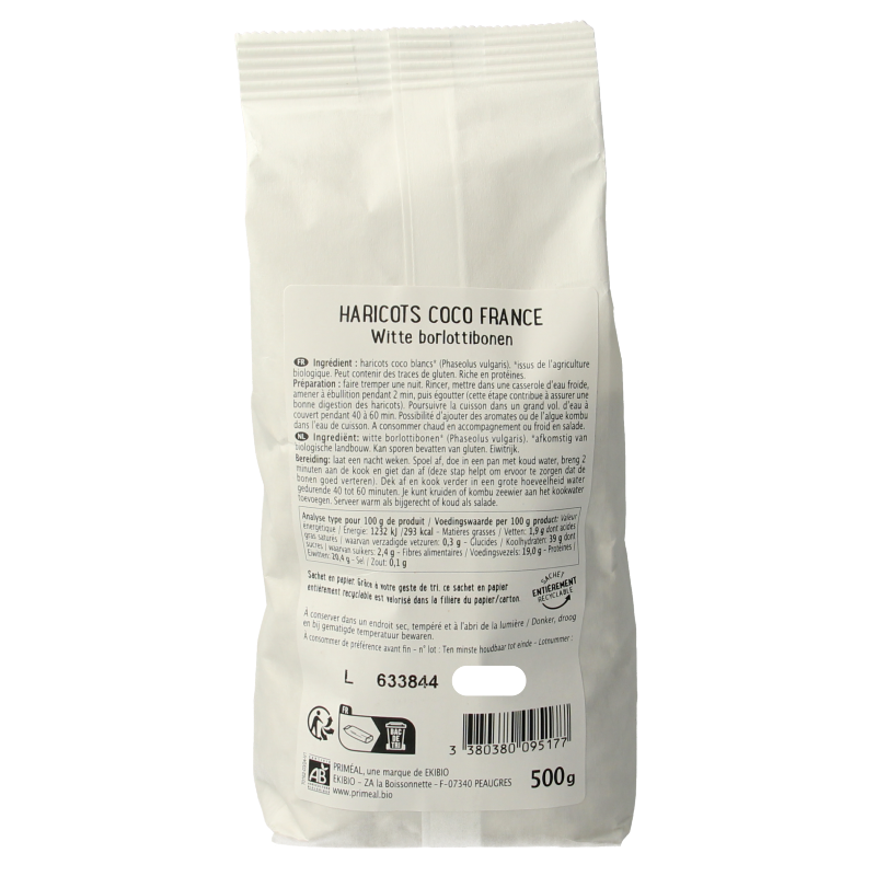Primeal organic raw coconut beans in a 500g package, natural superfoods from France with fresh, whole coconut kernels.
