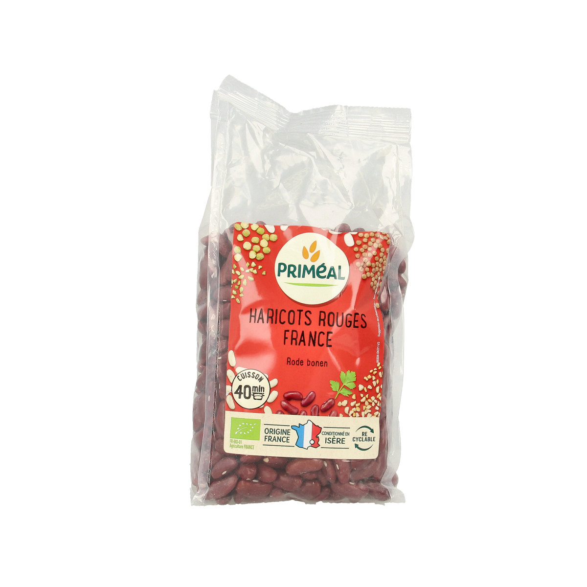 Primeal organic French red beans in 500g package, fresh and nutritious, ideal for cooking and healthy meals.