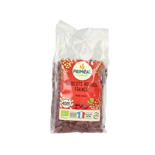 Primeal organic French red beans in 500g package, fresh and nutritious, ideal for cooking and healthy meals.