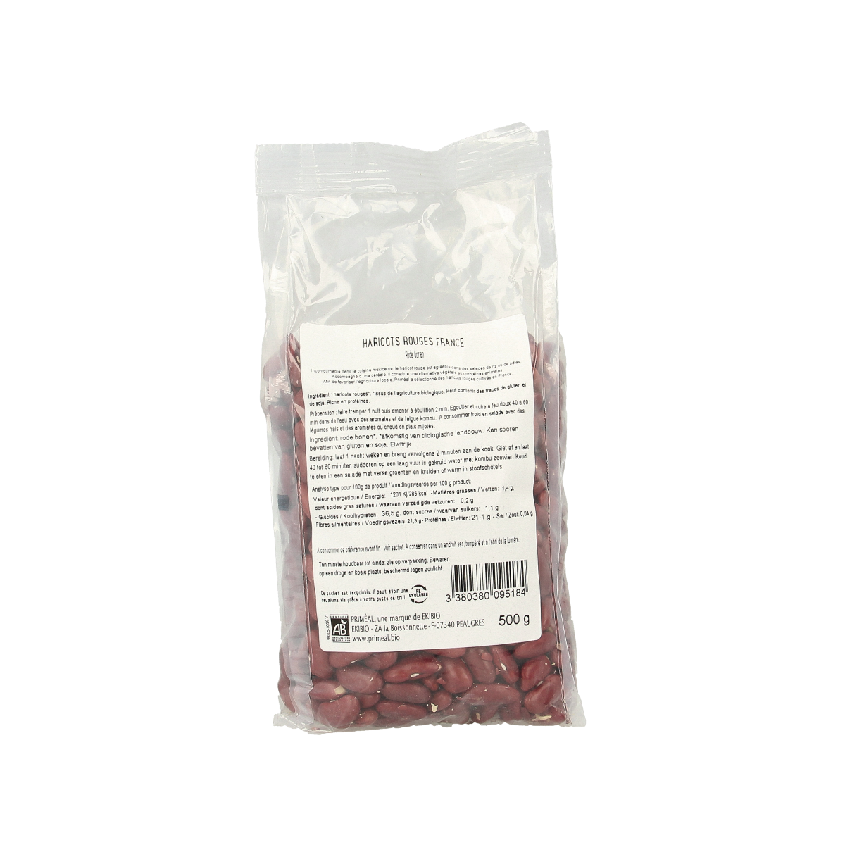 Primeal organic French red beans in 500g package, fresh and dried, suitable for cooking and nutritious meals.