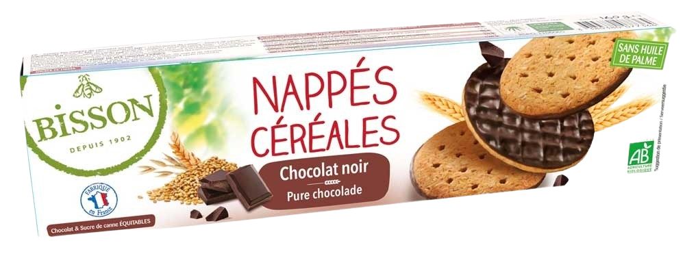 Bisson Pure chocolade frosted granenkoekjes bio, chocolate-flavored gluten-free cookies in 120g package, with frosted topping.