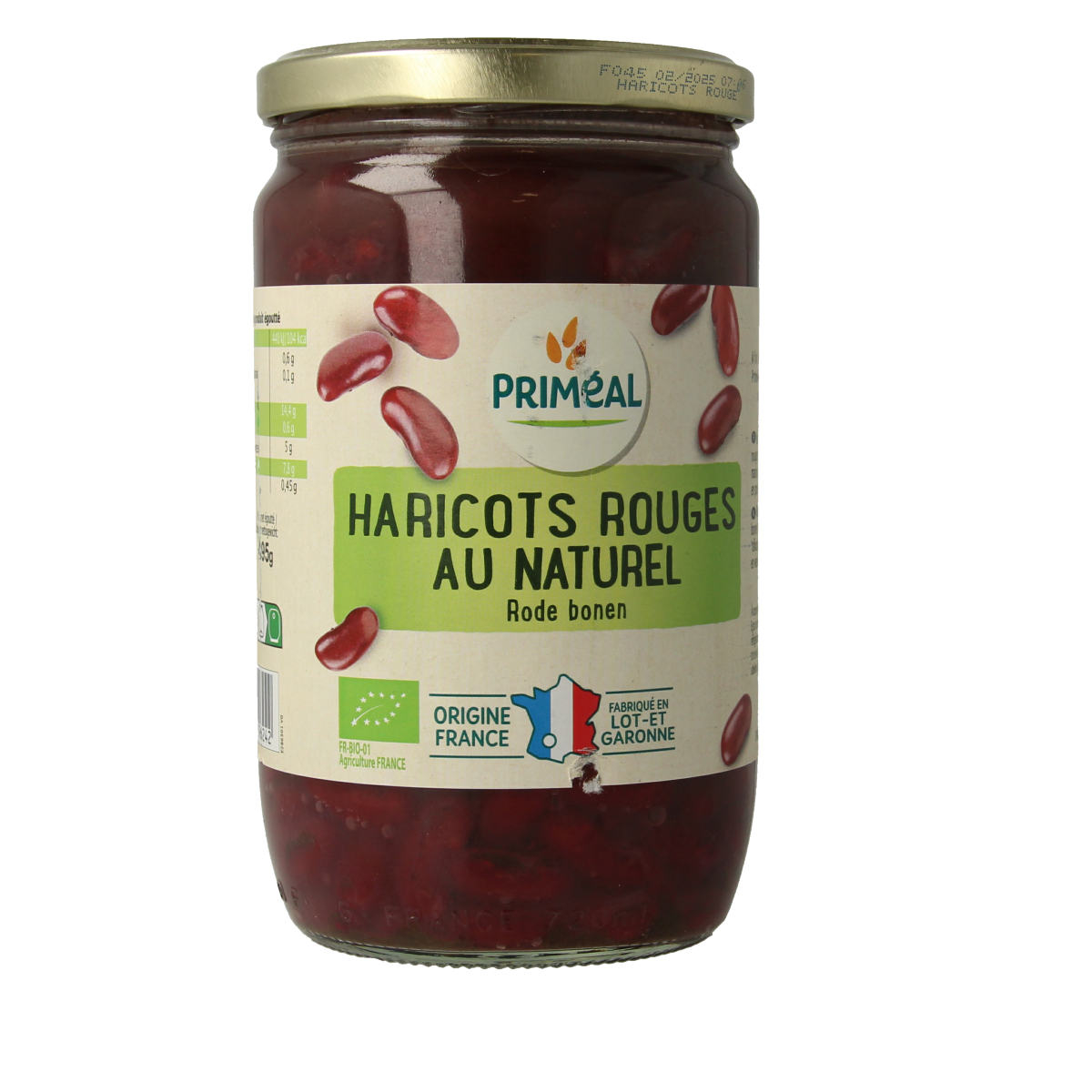 Primeal organic French red kidney beans in a 660g package, fresh and ready for cooking, from the vegetable and fruit section.