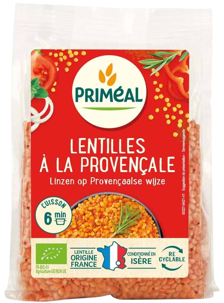 Primeal Provencaalse stijl biologische linzen in 300g pack, with fresh, cooked-looking lentils and vegetables on the packaging.